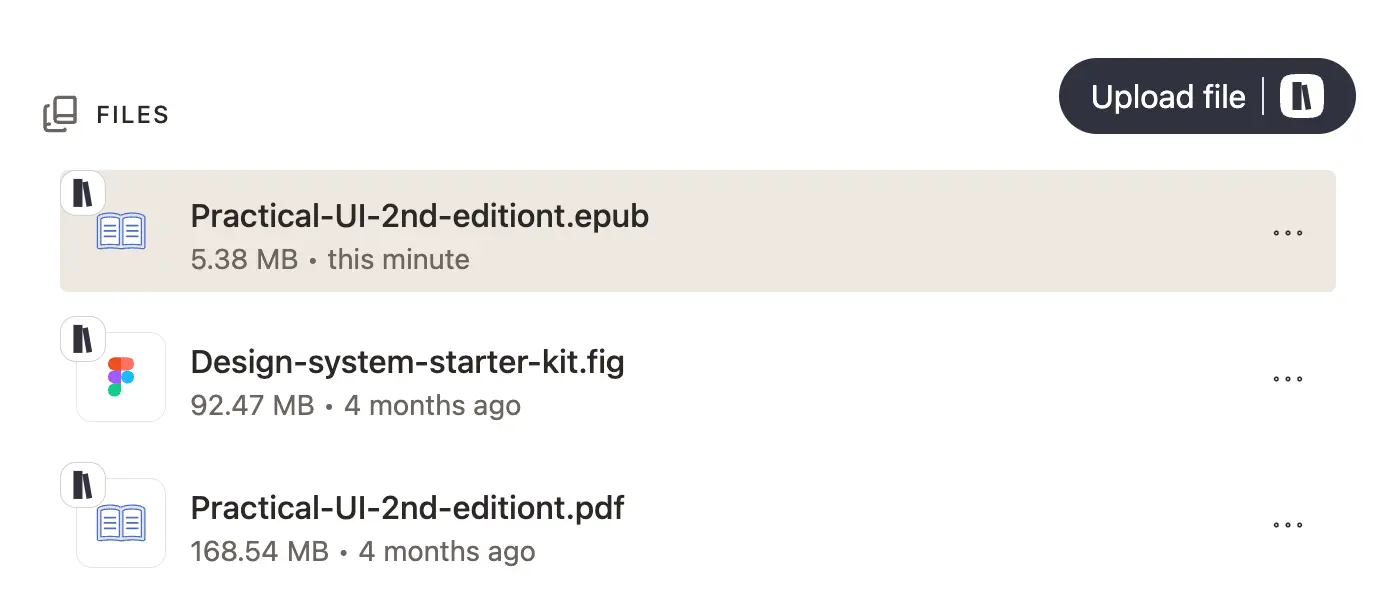 Screenshot showing a single book entry with multiple attached file types